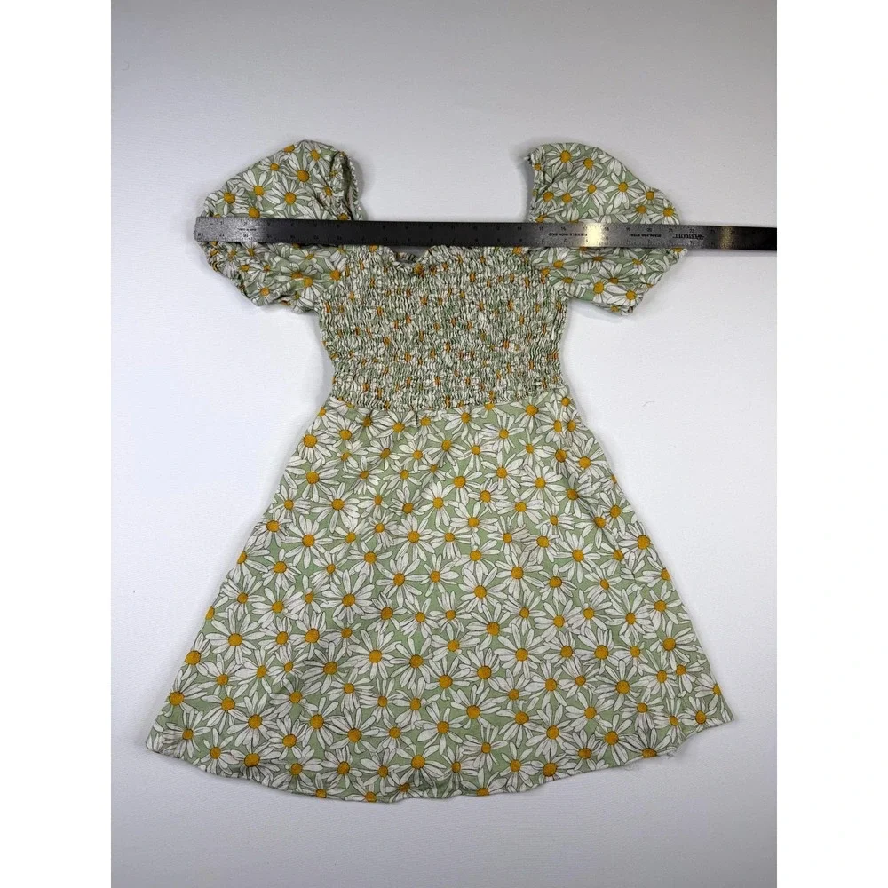 Zara Fit & Flare Mini Dress Womens XS Green Daisy Floral Smocked Puff Sleeve‎